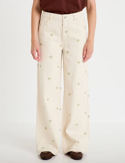 Jean wide leg taille haute brod&eacute; denim blanc femme
