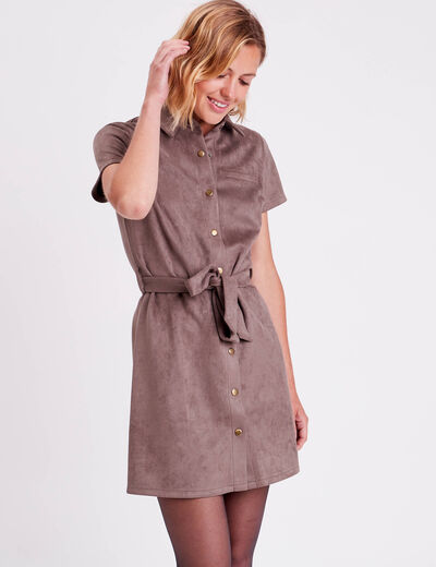 Robe droite ceinturée suédine taupe femme