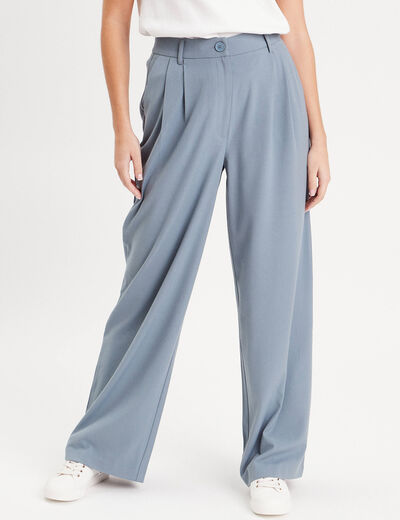 Pantalon large fluide pinces bleu gris femme