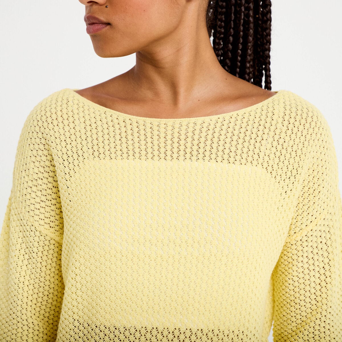Pull ample ajour&eacute; manches longues jaune pastel femme