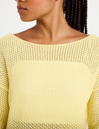 Pull ample ajour&eacute; manches longues jaune pastel femme