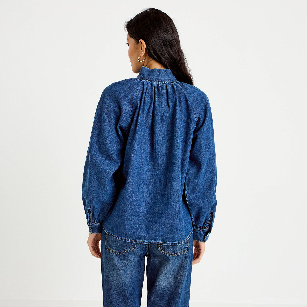 Chemise ample en jean col montant denim stone femme