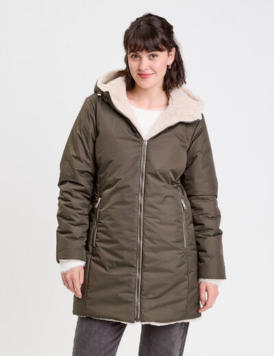 Parka réversible à capuche vert kaki femme