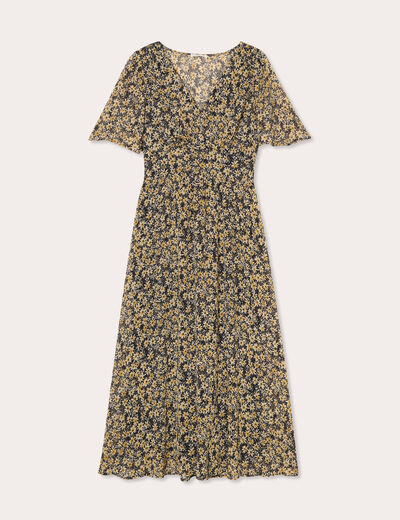 Robe longue évasée col en V jaune femme
