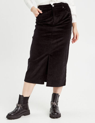 Jupe midi droite velours noir femme