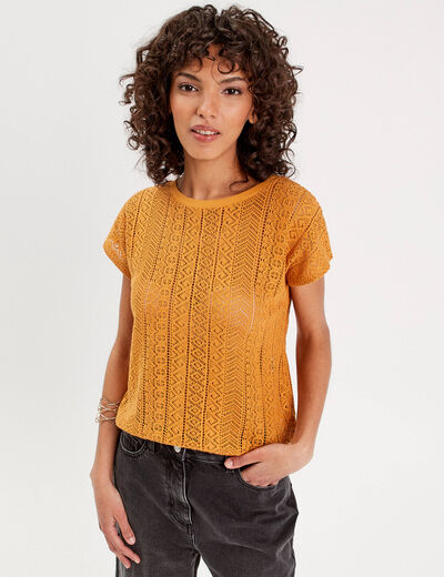 T-shirt manches courtes ajouré jaune moutarde femme
