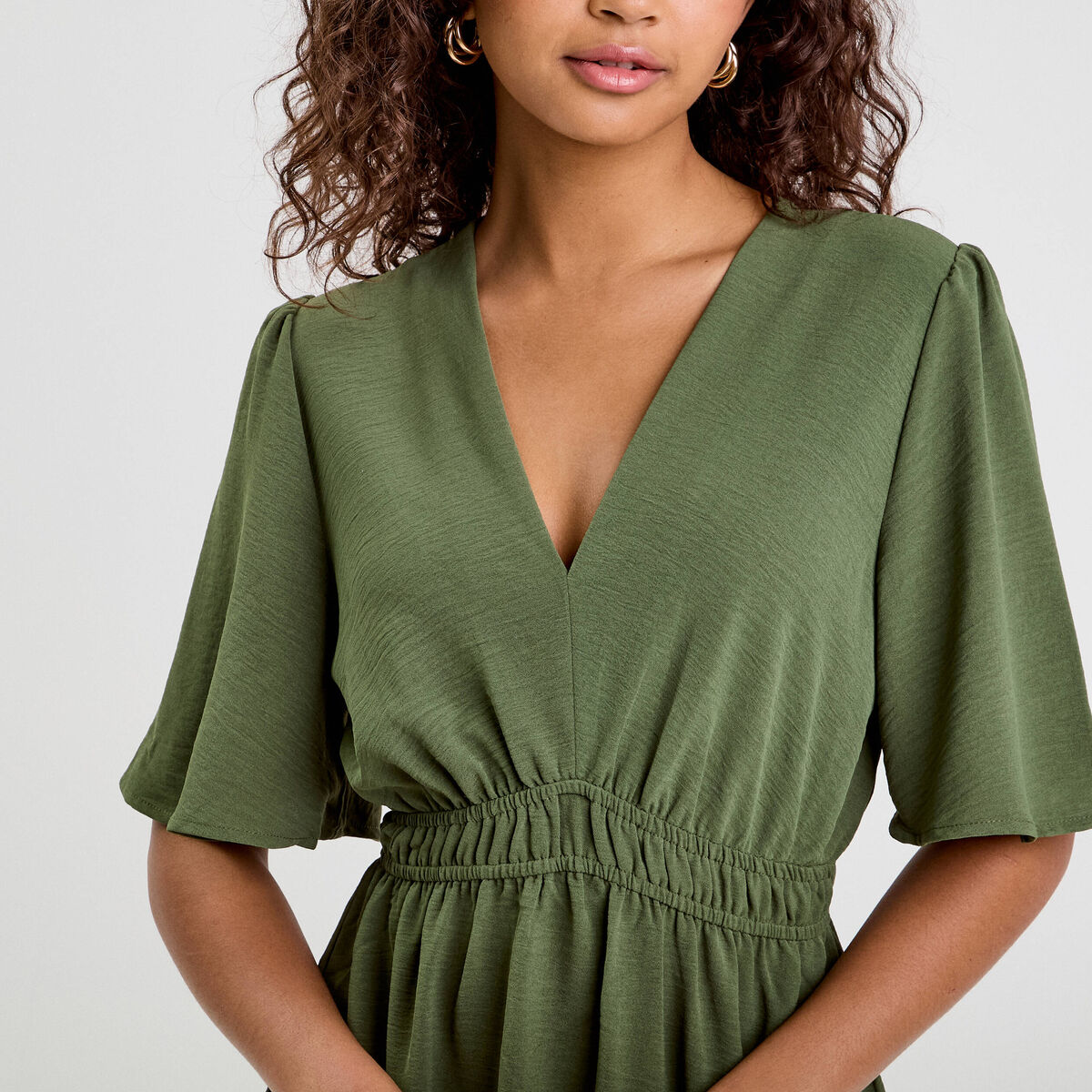Robe évasée taille élastiquée vert kaki femme