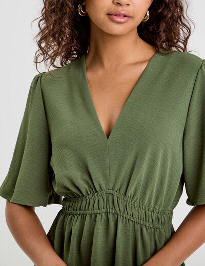 Robe évasée taille élastiquée vert kaki femme