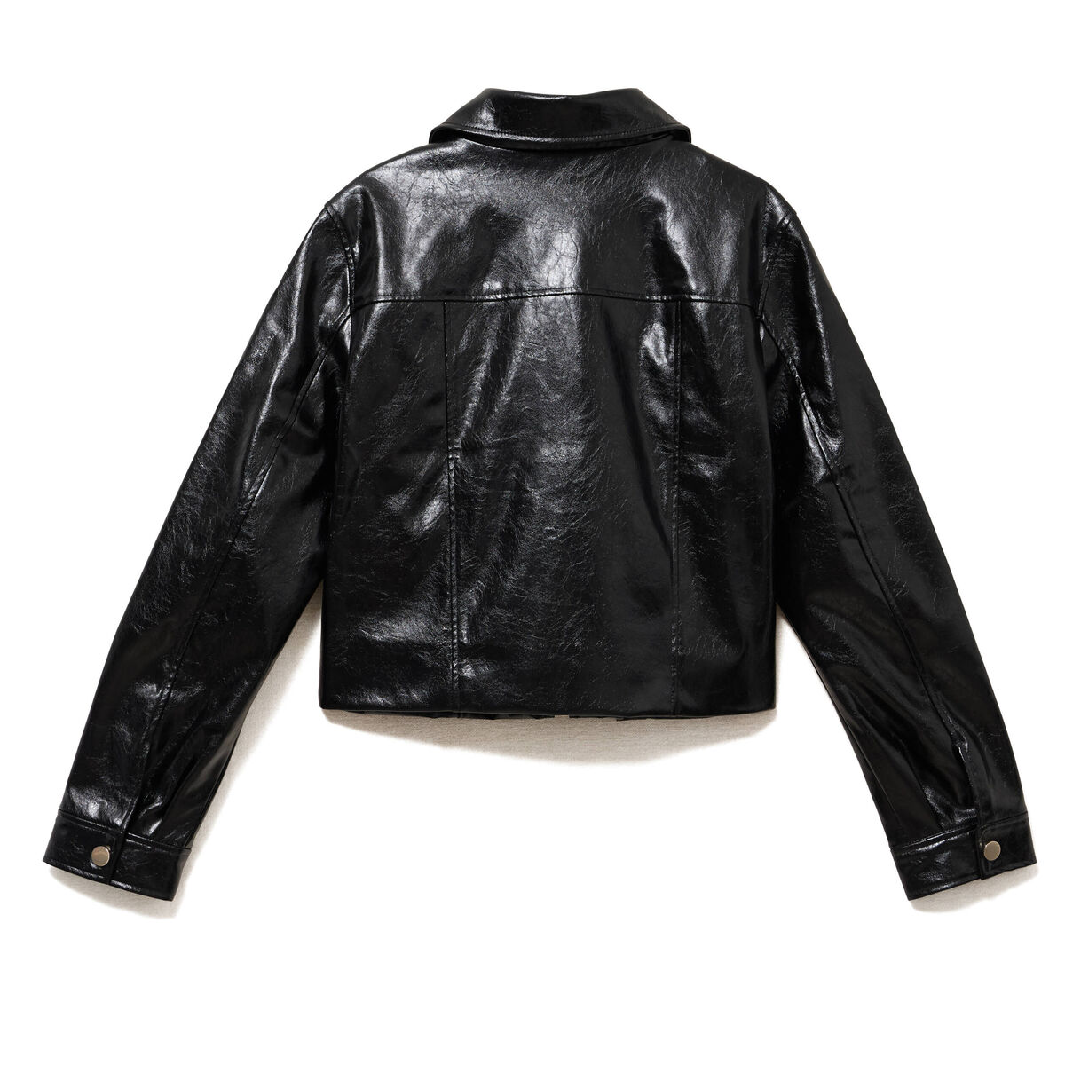 Veste droite cropped en similicuir noir femme