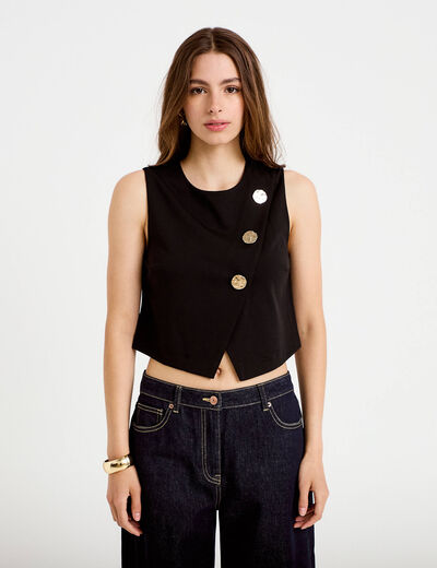 Top ajust&eacute; court sans manches col rond noir femme