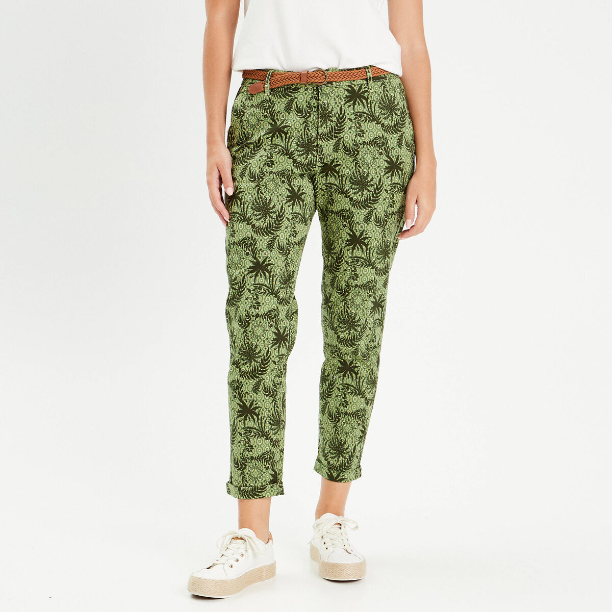 Pantalon chino slim 7/8&egrave;me vert femme