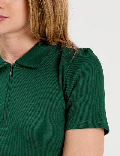 Polo manches courtes zippé vert foncé femme