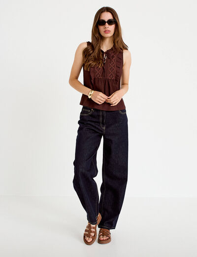 Top sans manches col v marron femme