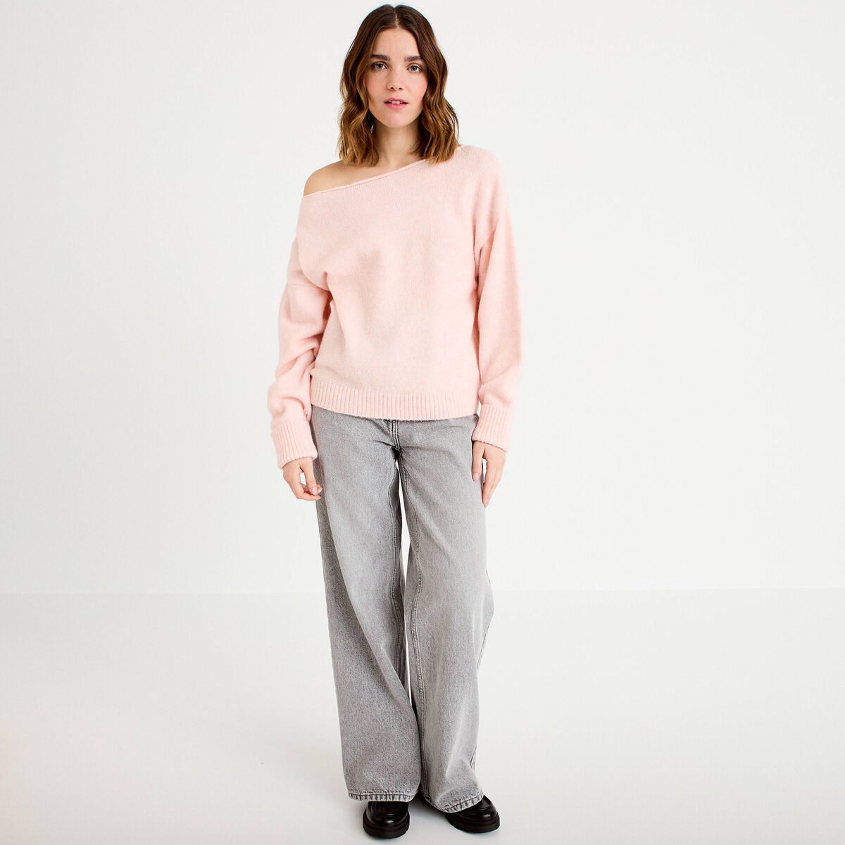 Pull col bateau rose clair femme