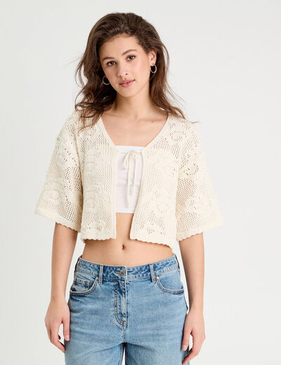 Gilet ajouré manches 3/4 ecru femme