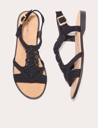 Sandales plates macramé noir femme
