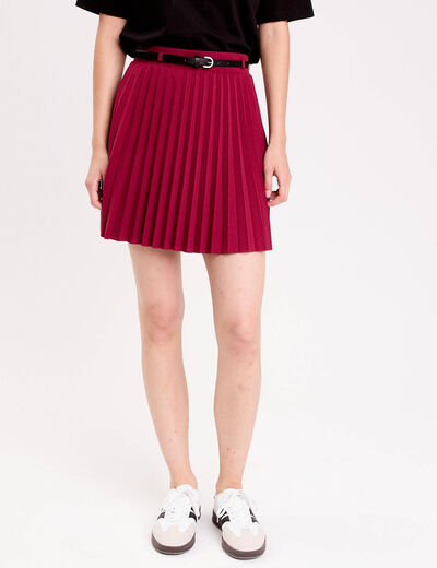 Jupe &eacute;vas&eacute;e pliss&eacute;e ceintur&eacute;e rouge fonc&eacute; femme