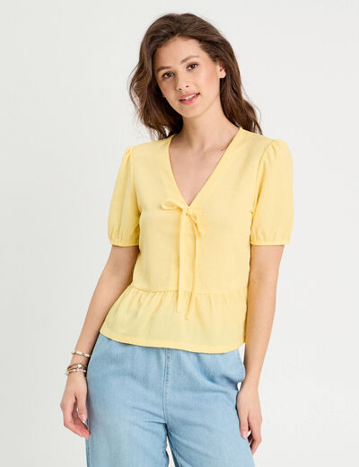 Blouse nouée brodée jaune clair femme