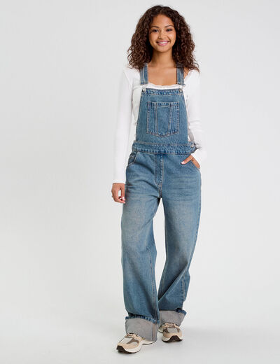 Salopette large en jean denim double stone femme