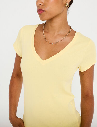 T-shirt ajust&eacute; col v manches courtes jaune clair femme