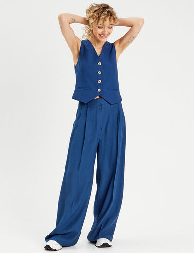 Pantalon large avec pinces bleu marine femme