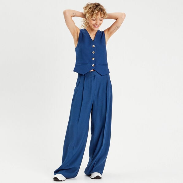 pantalon large avec pinces bleu marine femme Pantalon large avec pinces bleu marine femme