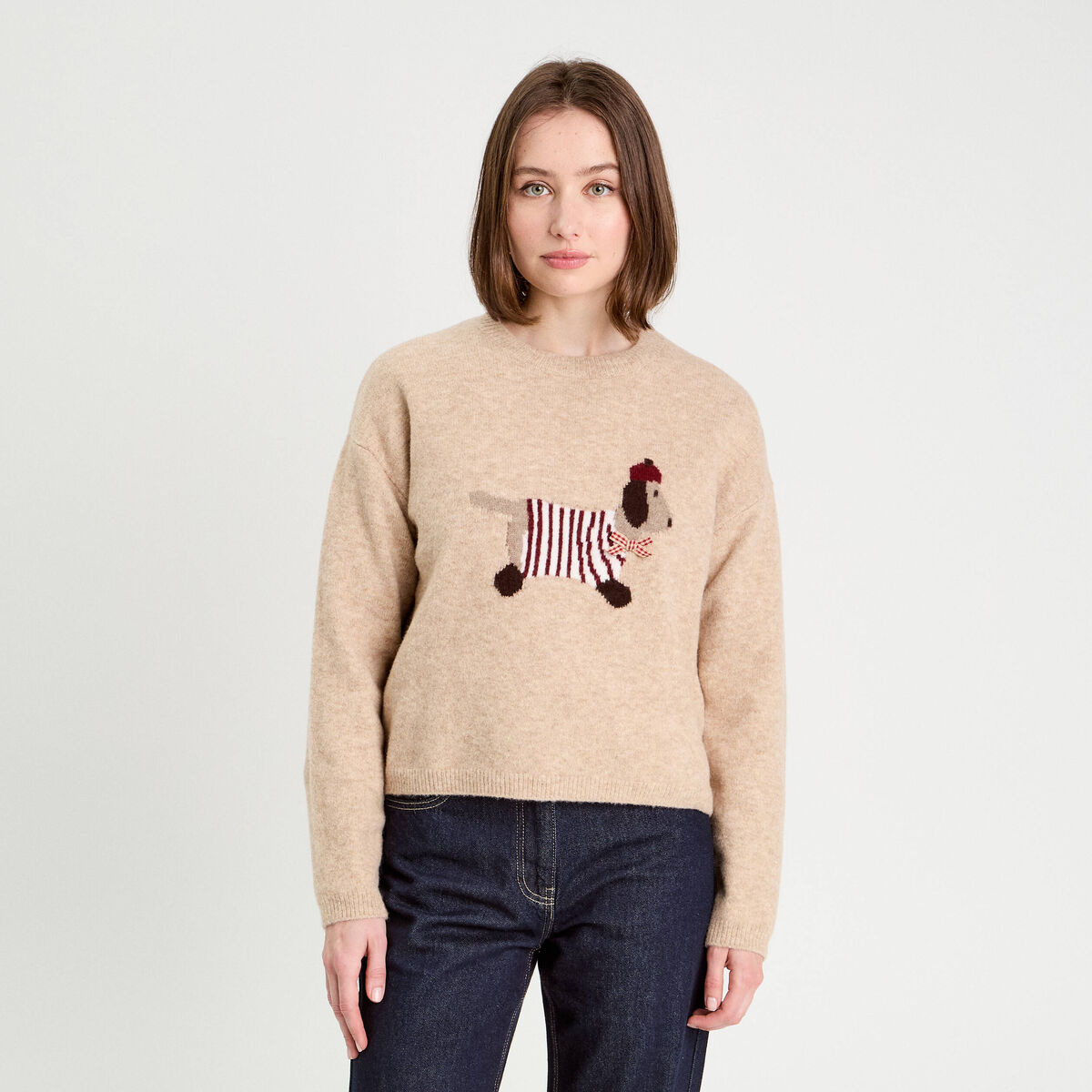 Pull manches longues et noeud beige femme