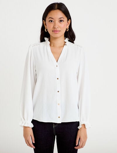Blouse droite col v manches longues ecru femme