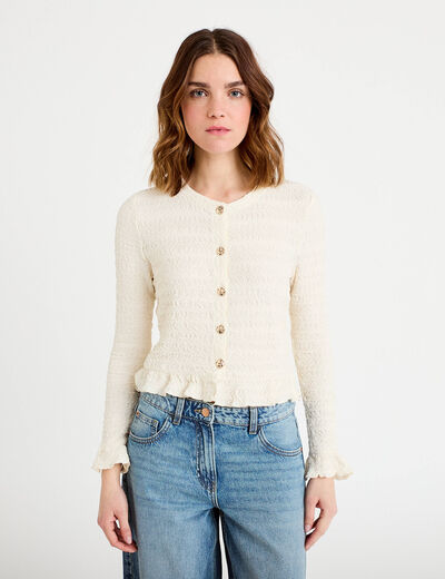 Gilet col rond manches longues ecru femme