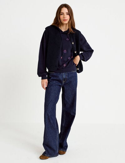 Sweat &agrave; capuche brod&eacute; manches longues bleu femme