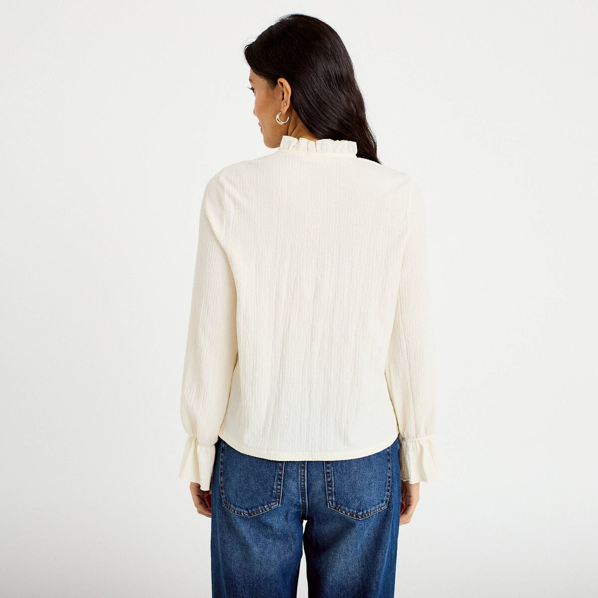 Blouse droite manches longues pliss&eacute;e ivoire femme