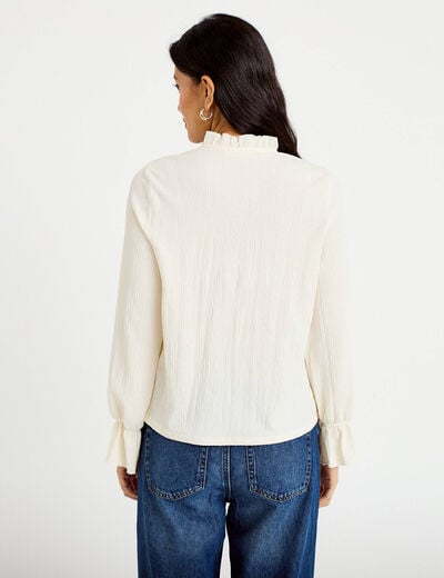 Blouse droite manches longues pliss&eacute;e ivoire femme
