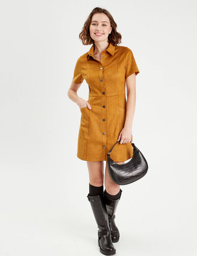 Robe droite boutonnée suédine camel femme