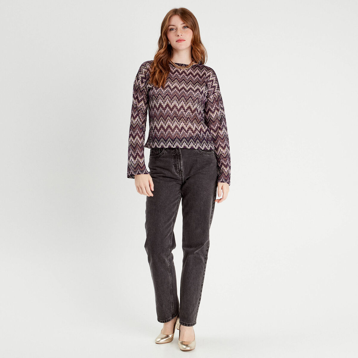T-shirt manches longues ajouré violet femme