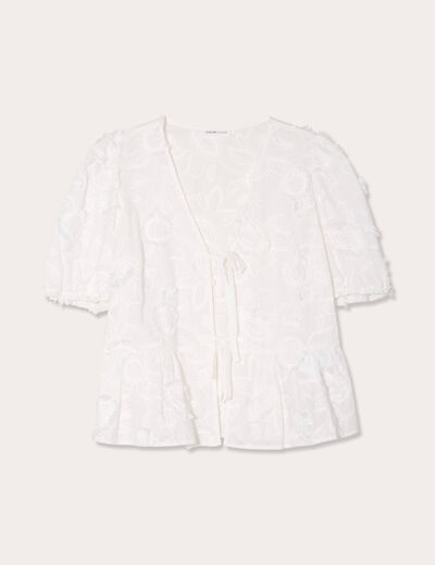Blouse manches courtes noeuds ecru femme