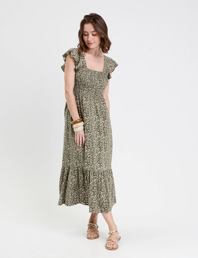 Robe longue évasée smockée vert kaki femme