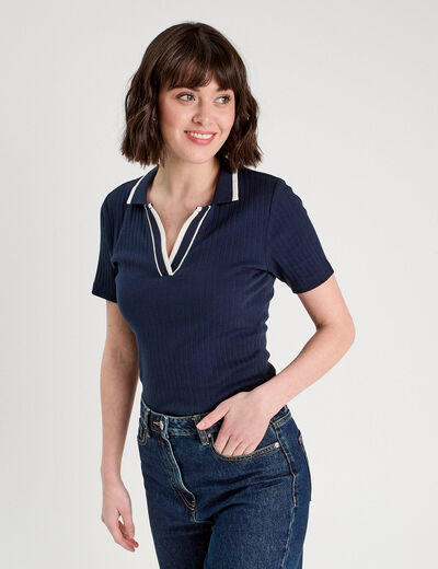 Polo côtelé manches courtes bleu marine femme