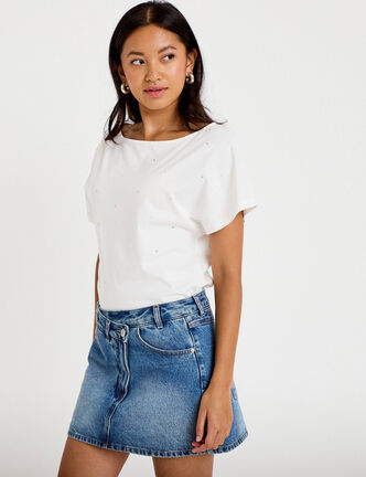 Jupe-short droite en jean denim double stone femme