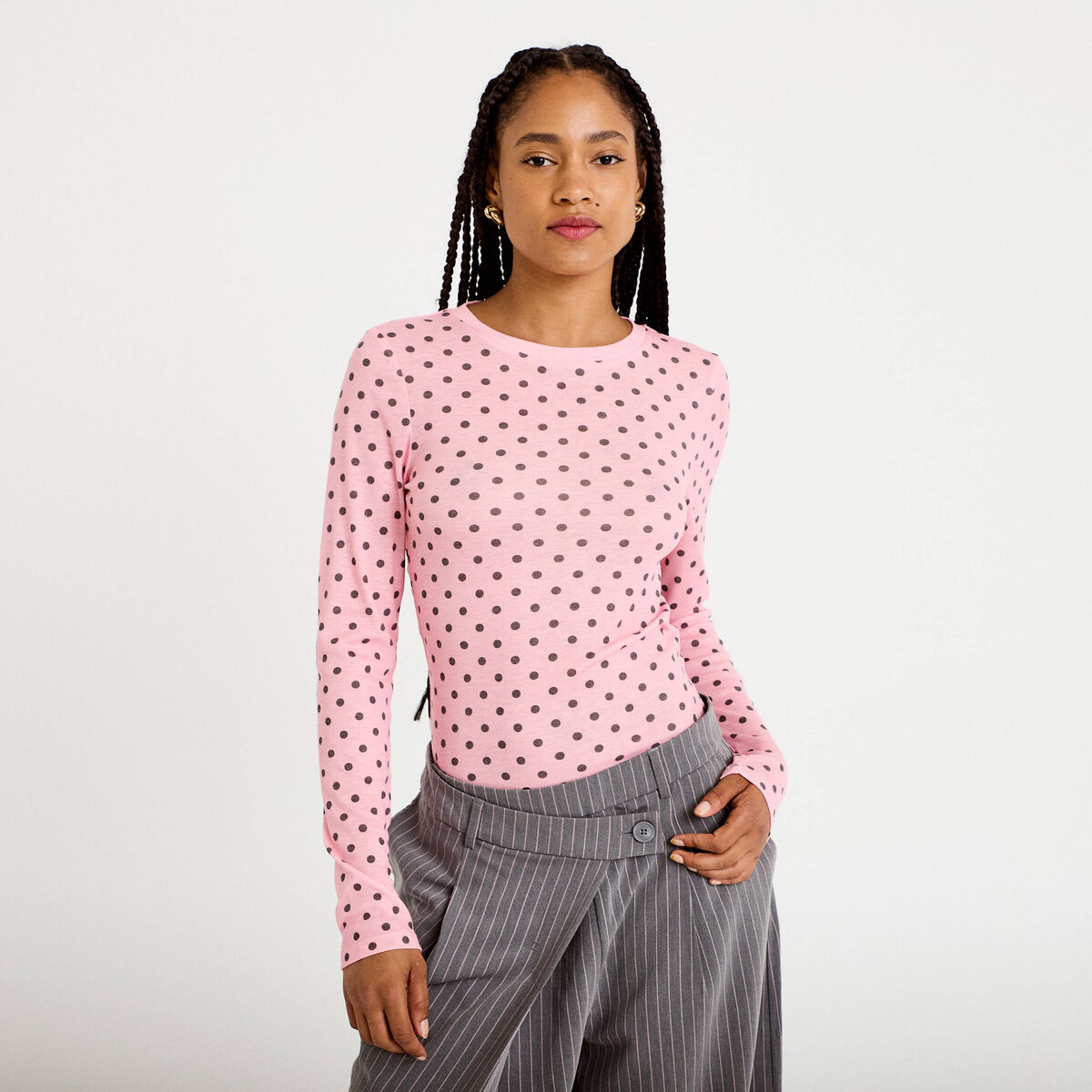 T-shirt ajust&eacute; col rond manches longues rose corail femme