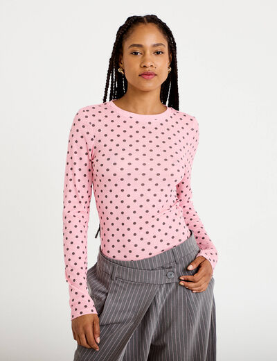 T-shirt ajust&eacute; col rond manches longues rose corail femme