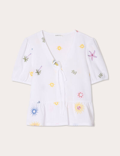 Blouse nouée brodée blanc femme