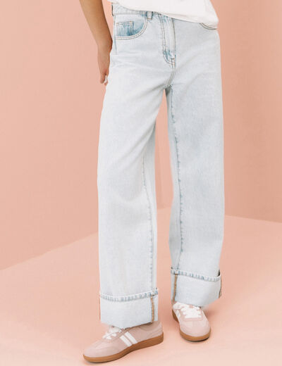 Jeans droit avec ourlets denim bleach femme