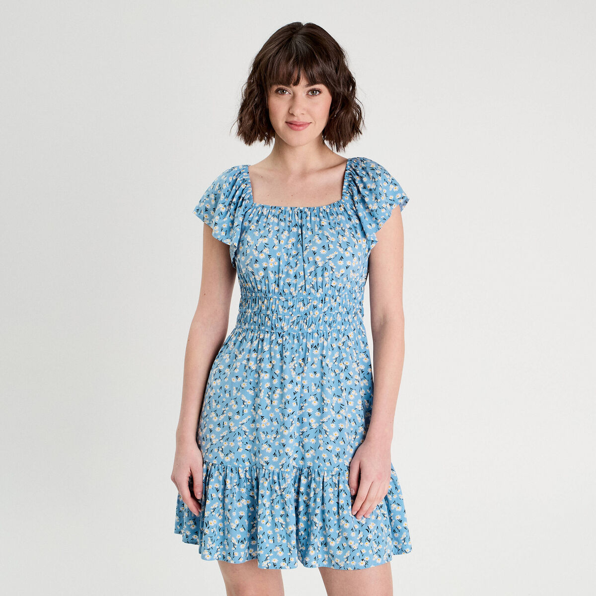 Robe évasée manches courtes bleu femme