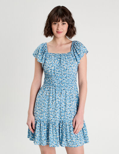 Robe évasée manches courtes bleu femme