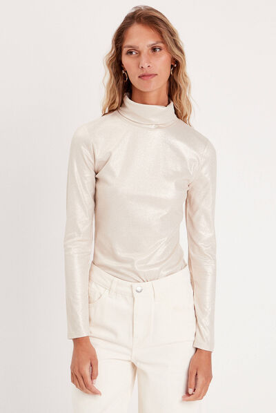 T-shirt métallisé col roulé ecru femme