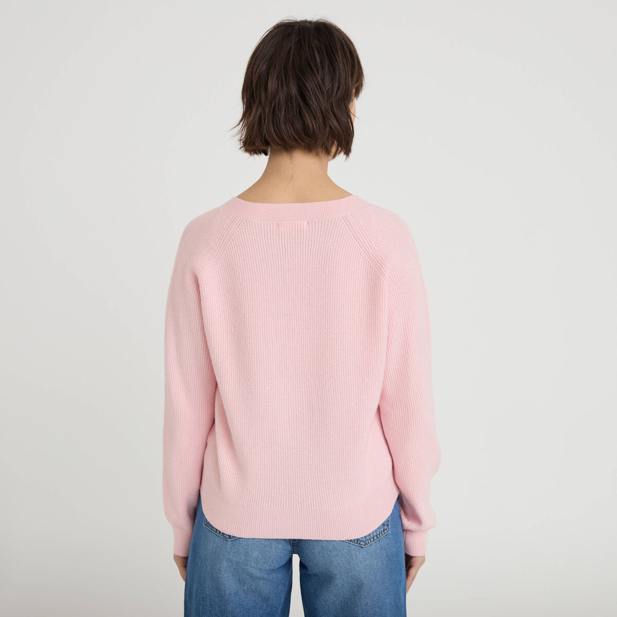 Pull fin col v rose clair femme