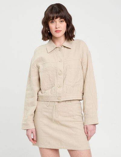 Veste boutonnée contenant du lin beige femme