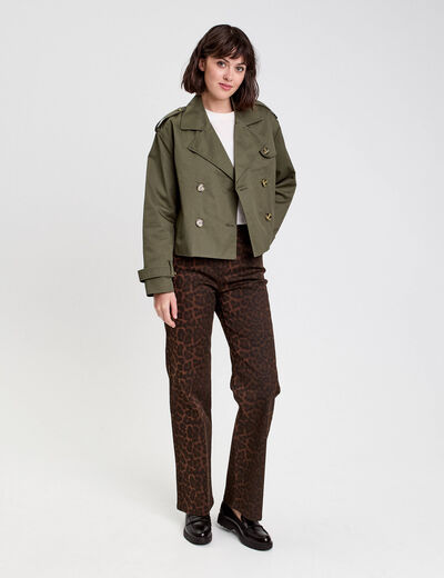 Trench court boutonné vert kaki femme