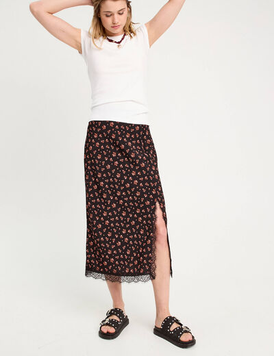 Jupe midi droite fendue noir femme