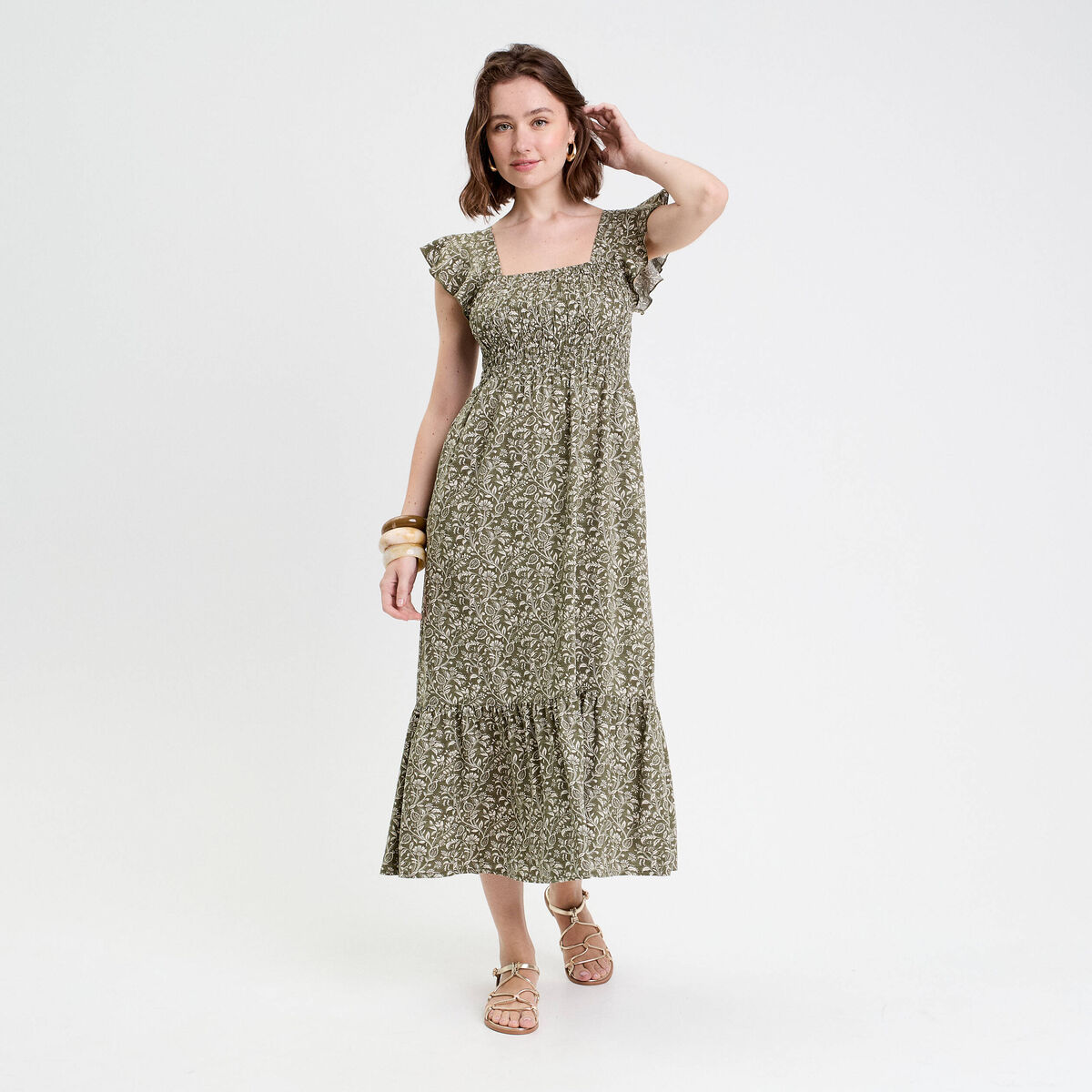 Robe longue évasée smockée vert kaki femme